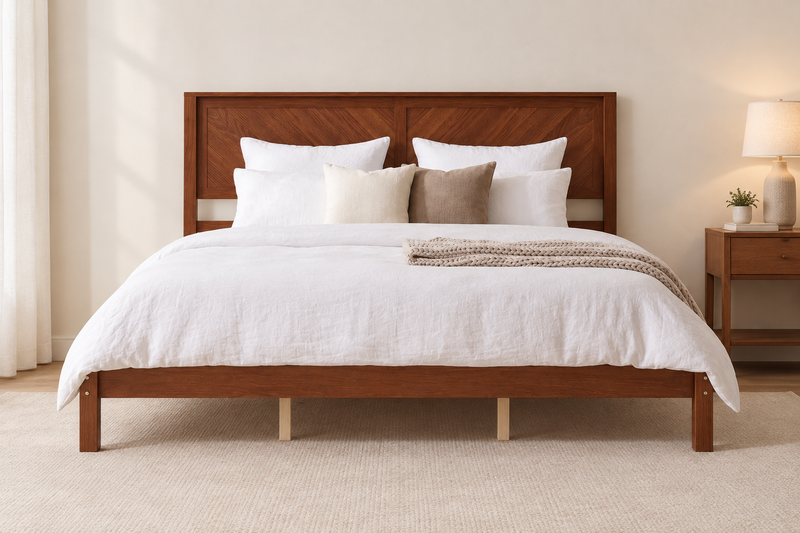 King Size Solid Wood Platform Bed with Herringbone Headboard
