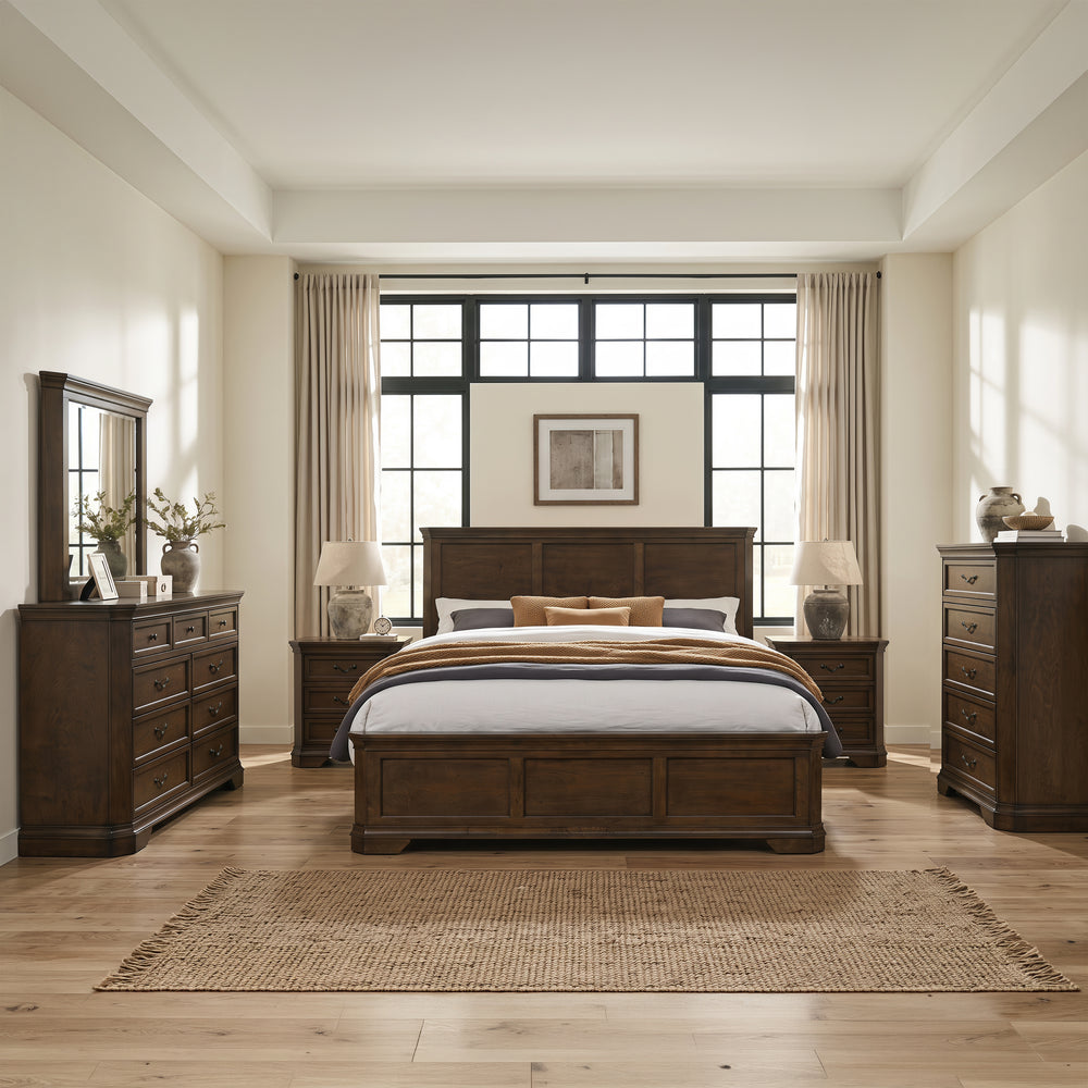 Maderne Traditional Wood Panel 6 pieces King Bed set with Dresser, Mirror, Two Nightstands, Chest