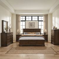 Maderne Traditional Wood Panel 6 pieces King Bed set with Dresser, Mirror, Two Nightstands, Chest