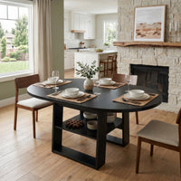 43.3'-59' Extendable Round Dining Table for 4-6, Round-to-Oval Kitchen Table with Built-In Flip-Up Extension Leaf, Stable H-Shaped Base and Storage Shelf, Black