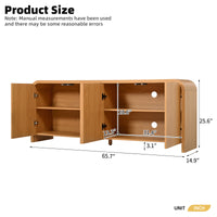 Curved Edge TV Stand for TVs up to 70", 65.7" Wood Grain Media Console with 2 Push-to-Open Cabinets, Adjustable Shelves and Cable Management, Mid-Century Modern Entertainment Center for Living Room, Natural