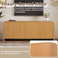 Curved Edge TV Stand for TVs up to 70", 65.7" Wood Grain Media Console with 2 Push-to-Open Cabinets, Adjustable Shelves and Cable Management, Mid-Century Modern Entertainment Center for Living Room, Natural