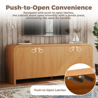 Curved Edge TV Stand for TVs up to 70", 65.7" Wood Grain Media Console with 2 Push-to-Open Cabinets, Adjustable Shelves and Cable Management, Mid-Century Modern Entertainment Center for Living Room, Natural