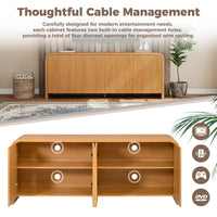 Curved Edge TV Stand for TVs up to 70", 65.7" Wood Grain Media Console with 2 Push-to-Open Cabinets, Adjustable Shelves and Cable Management, Mid-Century Modern Entertainment Center for Living Room, Natural