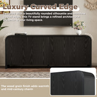 Curved Edge TV Stand for TVs up to 70", 65.7" Wood Grain Media Console with 2 Push-to-Open Cabinets, Adjustable Shelves and Cable Management, Mid-Century Modern Entertainment Center for Living Room, Black