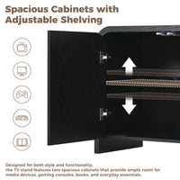 Curved Edge TV Stand for TVs up to 70", 65.7" Wood Grain Media Console with 2 Push-to-Open Cabinets, Adjustable Shelves and Cable Management, Mid-Century Modern Entertainment Center for Living Room, Black