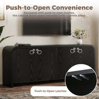 Curved Edge TV Stand for TVs up to 70", 65.7" Wood Grain Media Console with 2 Push-to-Open Cabinets, Adjustable Shelves and Cable Management, Mid-Century Modern Entertainment Center for Living Room, Black