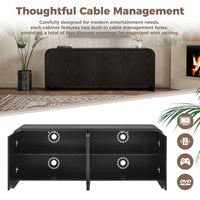 Curved Edge TV Stand for TVs up to 70", 65.7" Wood Grain Media Console with 2 Push-to-Open Cabinets, Adjustable Shelves and Cable Management, Mid-Century Modern Entertainment Center for Living Room, Black