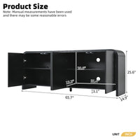 Curved Edge TV Stand for TVs up to 70", 65.7" Wood Grain Media Console with 2 Push-to-Open Cabinets, Adjustable Shelves and Cable Management, Mid-Century Modern Entertainment Center for Living Room, Black