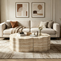 Travertine-Look Nesting Coffee Table Set of 2, Wavy Round Side Table and Pet Bed, Beige, No Assembly