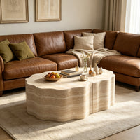 Travertine-Look Nesting Coffee Table Set of 2, Wavy Round Side Table and Pet Bed, Beige, No Assembly