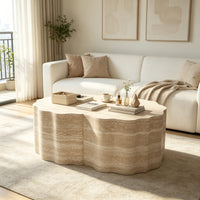 Travertine-Look Nesting Coffee Table Set of 2, Wavy Round Side Table and Pet Bed, Beige, No Assembly