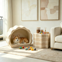 Travertine-Look Nesting Coffee Table Set of 2, Wavy Round Side Table and Pet Bed, Beige, No Assembly