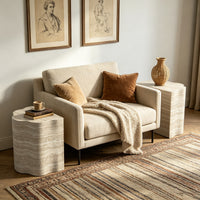 Travertine-Look Nesting Coffee Table Set of 2, Wavy Round Side Table and Pet Bed, Beige, No Assembly