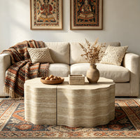 Travertine-Look Nesting Coffee Table Set of 2, Wavy Round Side Table and Pet Bed, Beige, No Assembly