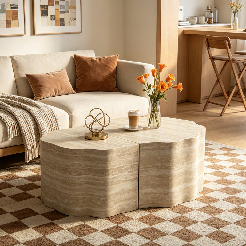 Travertine-Look Nesting Coffee Table Set of 2, Wavy Round Side Table and Pet Bed, Beige, No Assembly