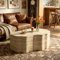 Travertine-Look Nesting Coffee Table Set of 2, Wavy Round Side Table and Pet Bed, Beige, No Assembly