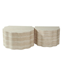 Travertine-Look Nesting Coffee Table Set of 2, Wavy Round Side Table and Pet Bed, Beige, No Assembly
