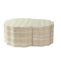 Travertine-Look Nesting Coffee Table Set of 2, Wavy Round Side Table and Pet Bed, Beige, No Assembly