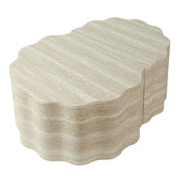 Travertine-Look Nesting Coffee Table Set of 2, Wavy Round Side Table and Pet Bed, Beige, No Assembly