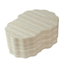 Travertine-Look Nesting Coffee Table Set of 2, Wavy Round Side Table and Pet Bed, Beige, No Assembly