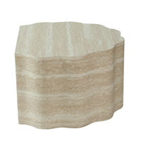 Travertine-Look Nesting Coffee Table Set of 2, Wavy Round Side Table and Pet Bed, Beige, No Assembly