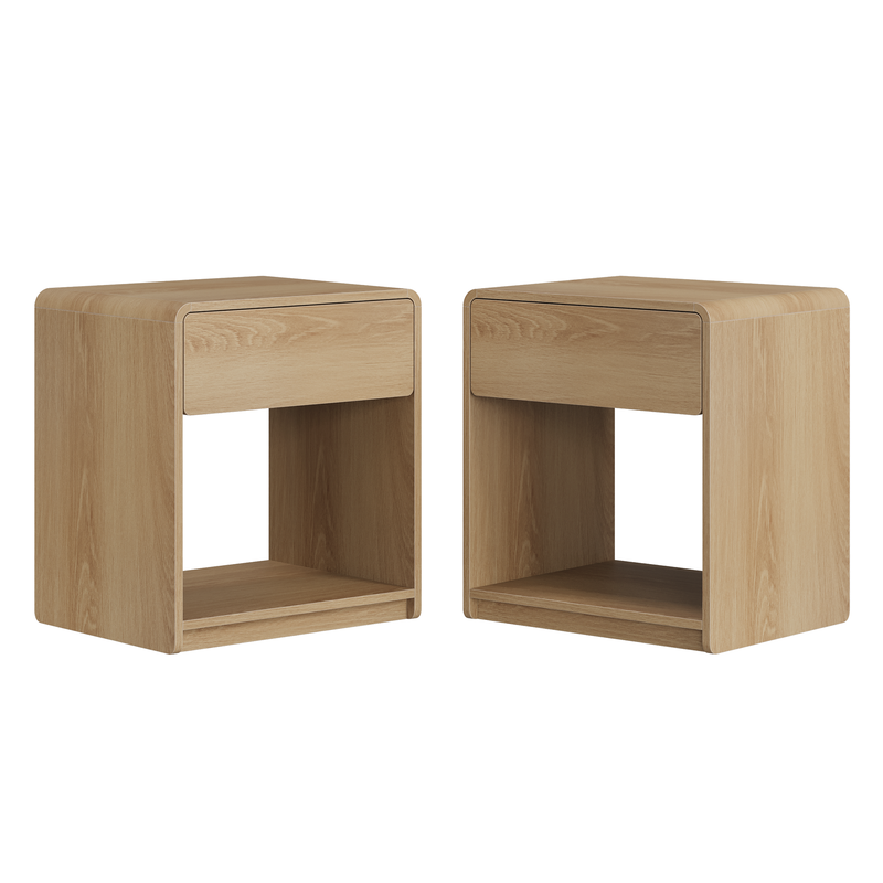 Oak Wood Nightstand with Drawer, Modern Curved Bedside Table with Open Shelf Storage