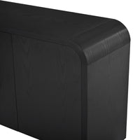 Curved Edge TV Stand for TVs up to 70", 65.7" Wood Grain Media Console with 2 Push-to-Open Cabinets, Adjustable Shelves and Cable Management, Mid-Century Modern Entertainment Center for Living Room, Black