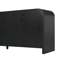 Curved Edge TV Stand for TVs up to 70", 65.7" Wood Grain Media Console with 2 Push-to-Open Cabinets, Adjustable Shelves and Cable Management, Mid-Century Modern Entertainment Center for Living Room, Black