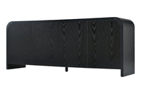 Curved Edge TV Stand for TVs up to 70", 65.7" Wood Grain Media Console with 2 Push-to-Open Cabinets, Adjustable Shelves and Cable Management, Mid-Century Modern Entertainment Center for Living Room, Black