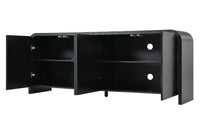 Curved Edge TV Stand for TVs up to 70", 65.7" Wood Grain Media Console with 2 Push-to-Open Cabinets, Adjustable Shelves and Cable Management, Mid-Century Modern Entertainment Center for Living Room, Black