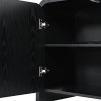 Curved Edge TV Stand for TVs up to 70", 65.7" Wood Grain Media Console with 2 Push-to-Open Cabinets, Adjustable Shelves and Cable Management, Mid-Century Modern Entertainment Center for Living Room, Black