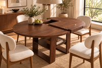 Round to Oval Extendable Dining Table with Built-In Storage Shelf, Seats 4-6, Walnut