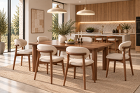 Mid Century Light Camel Upholstered Dining Chairs Set of 4 with Walnut Wood Legs