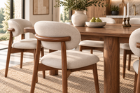 Mid Century Light Camel Upholstered Dining Chairs Set of 4 with Walnut Wood Legs