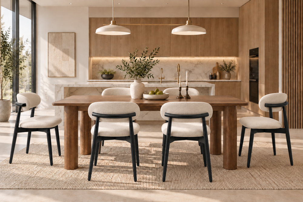 Modern Beige Cotton-Linen Dining Chairs Set of 4 with Black Solid Wood Legs