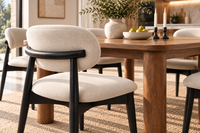 Modern Beige Cotton-Linen Dining Chairs Set of 4 with Black Solid Wood Legs