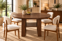 Round to Oval Extendable Dining Table with Built-In Storage Shelf, Seats 4-6, Walnut