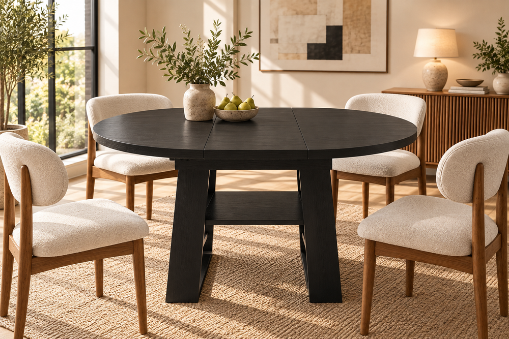 Round to Oval Extendable Dining Table with Built-In Storage Shelf, Seats 4-6, Black
