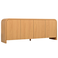 Curved Edge TV Stand for TVs up to 70", 65.7" Wood Grain Media Console with 2 Push-to-Open Cabinets, Adjustable Shelves and Cable Management, Mid-Century Modern Entertainment Center for Living Room, Natural