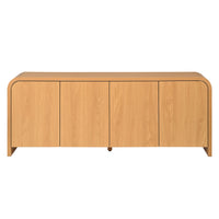 Curved Edge TV Stand for TVs up to 70", 65.7" Wood Grain Media Console with 2 Push-to-Open Cabinets, Adjustable Shelves and Cable Management, Mid-Century Modern Entertainment Center for Living Room, Natural