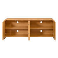Curved Edge TV Stand for TVs up to 70", 65.7" Wood Grain Media Console with 2 Push-to-Open Cabinets, Adjustable Shelves and Cable Management, Mid-Century Modern Entertainment Center for Living Room, Natural