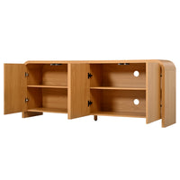 Curved Edge TV Stand for TVs up to 70", 65.7" Wood Grain Media Console with 2 Push-to-Open Cabinets, Adjustable Shelves and Cable Management, Mid-Century Modern Entertainment Center for Living Room, Natural