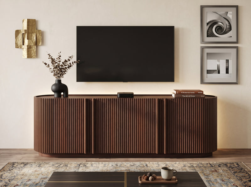 Fluted TV Stand for TVs up to 70", 66.9" Walnut Wood Grain Media Console with Tambour-Style Doors, Oval Curved Edge Entertainment Center with Adjustable Shelves and Cable Management, Mid-Century Modern, Walnut