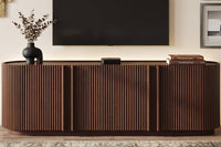 Fluted TV Stand for TVs up to 70", 66.9" Walnut Wood Grain Media Console with Tambour-Style Doors, Oval Curved Edge Entertainment Center with Adjustable Shelves and Cable Management, Mid-Century Modern, Walnut