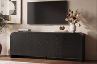 Curved Edge TV Stand for TVs up to 70", 65.7" Wood Grain Media Console with 2 Push-to-Open Cabinets, Adjustable Shelves and Cable Management, Mid-Century Modern Entertainment Center for Living Room, Black