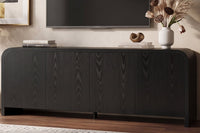 Curved Edge TV Stand for TVs up to 70", 65.7" Wood Grain Media Console with 2 Push-to-Open Cabinets, Adjustable Shelves and Cable Management, Mid-Century Modern Entertainment Center for Living Room, Black