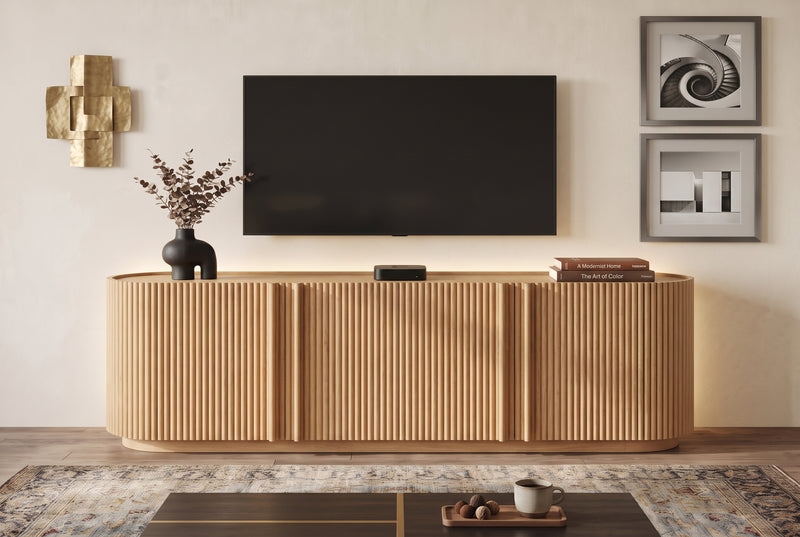 Fluted TV Stand for TVs up to 70", 66.9" Natural Oak Wood Grain Media Console with Tambour-Style Doors, Oval Curved Edge Entertainment Center with Adjustable Shelves and Cable Management, Mid-Century Modern, Natural Oak