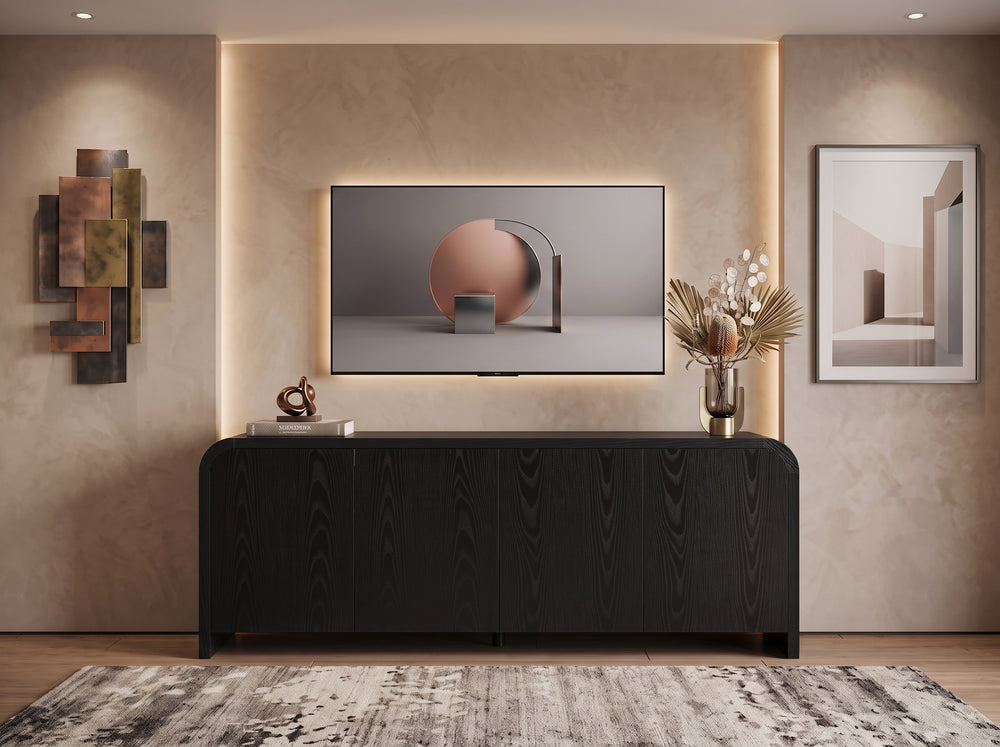 Curved Edge TV Stand for TVs up to 70", 65.7" Wood Grain Media Console with 2 Push-to-Open Cabinets, Adjustable Shelves and Cable Management, Mid-Century Modern Entertainment Center for Living Room, Black