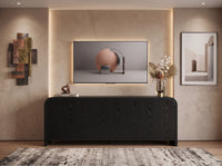 Curved Edge TV Stand for TVs up to 70", 65.7" Wood Grain Media Console with 2 Push-to-Open Cabinets, Adjustable Shelves and Cable Management, Mid-Century Modern Entertainment Center for Living Room, Black